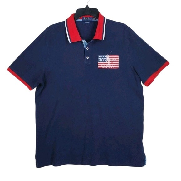 Ralph Lauren Polo Shirt Mens XL Blue Red USA Flag NY Supply Co Patriotic SS - Picture 1 of 8
